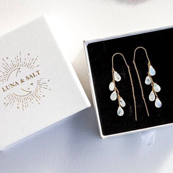 STUNNING Moonstone Threader Earrings Gemstone Dangle Earring June Birthday Gift - Picture 13 of 15